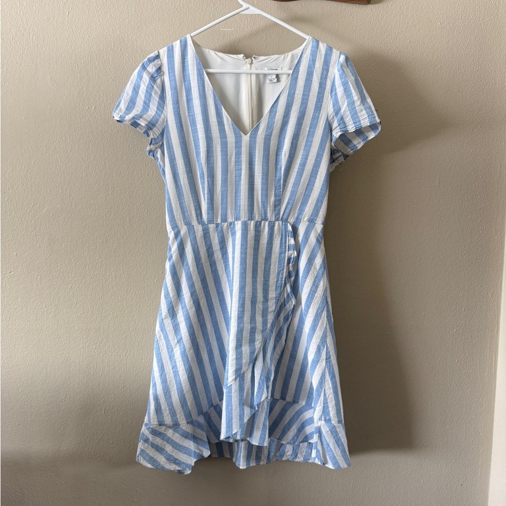 J. Crew Blue White Stripe Cotton Ruffle Faux Wrap Mini Dress Size 2 Coastal Chic